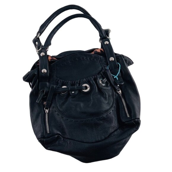 B. Makowsky Black Leather Drawstring Shoulder Bag With Leopard Print Lining - Picture 1 of 6